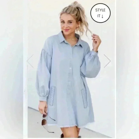 PINKLILY CHAMBRAY LONG SLEEVE MINI DRESS SIZE XL - Picture 9 of 10
